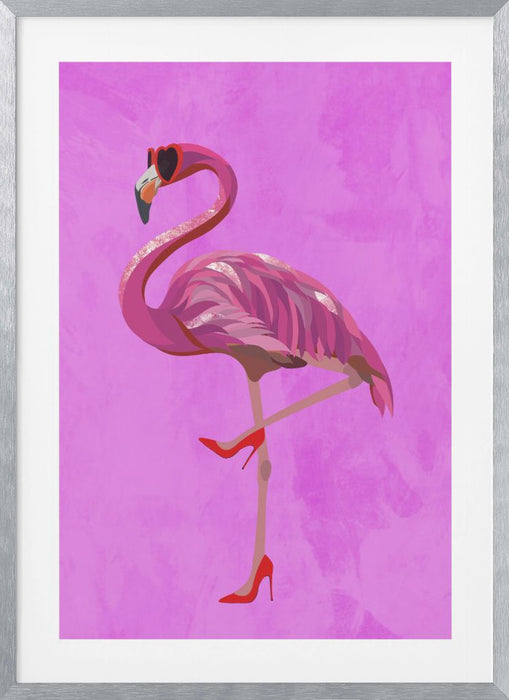 Flamingo in heels and heart glasses pink Framed Art Modern Wall Decor