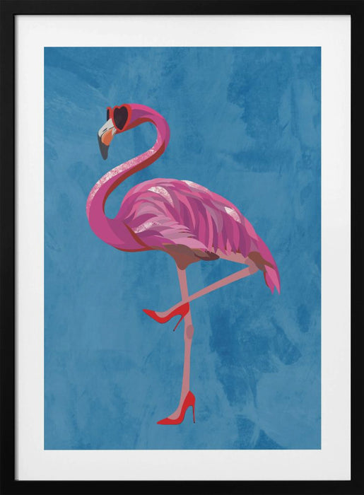 Flamingo in heels and heart glasses blue Framed Art Modern Wall Decor