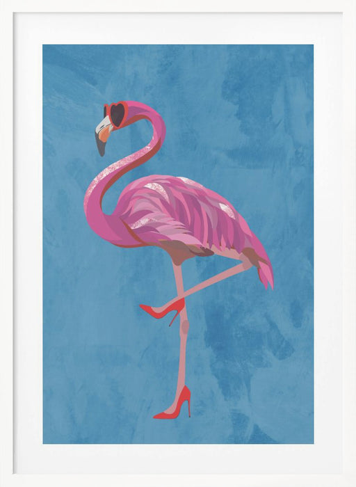 Flamingo in heels and heart glasses blue Framed Art Modern Wall Decor