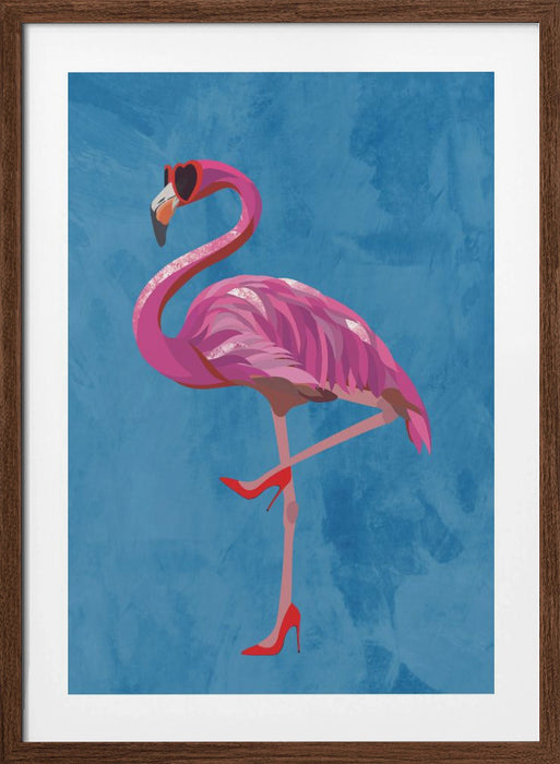 Flamingo in heels and heart glasses blue Framed Art Modern Wall Decor