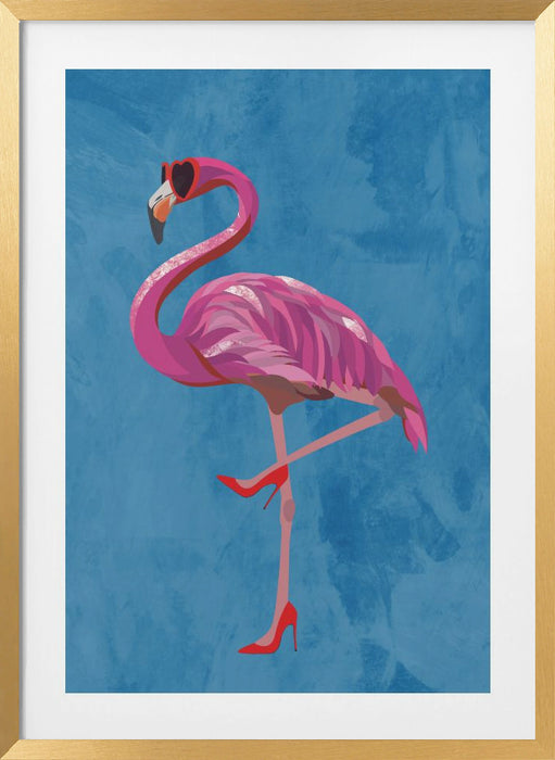 Flamingo in heels and heart glasses blue Framed Art Modern Wall Decor