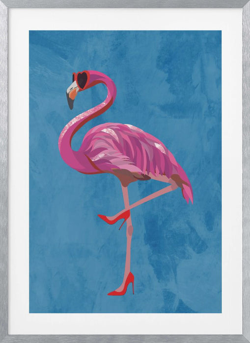 Flamingo in heels and heart glasses blue Framed Art Modern Wall Decor