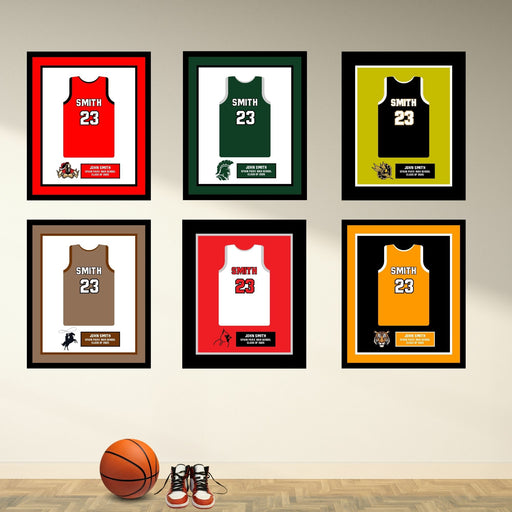 a group of framed sports jerseys on a wall