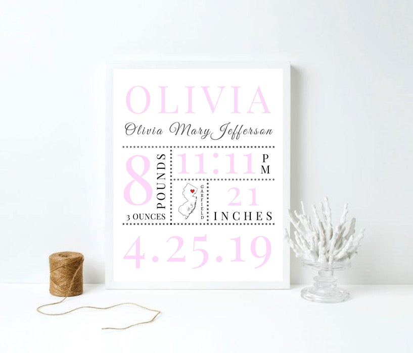 Baby Girl Newborn Nursery custom Birth stat frame print - Modern Memory Design Picture frames - New Jersey Frame shop custom framing