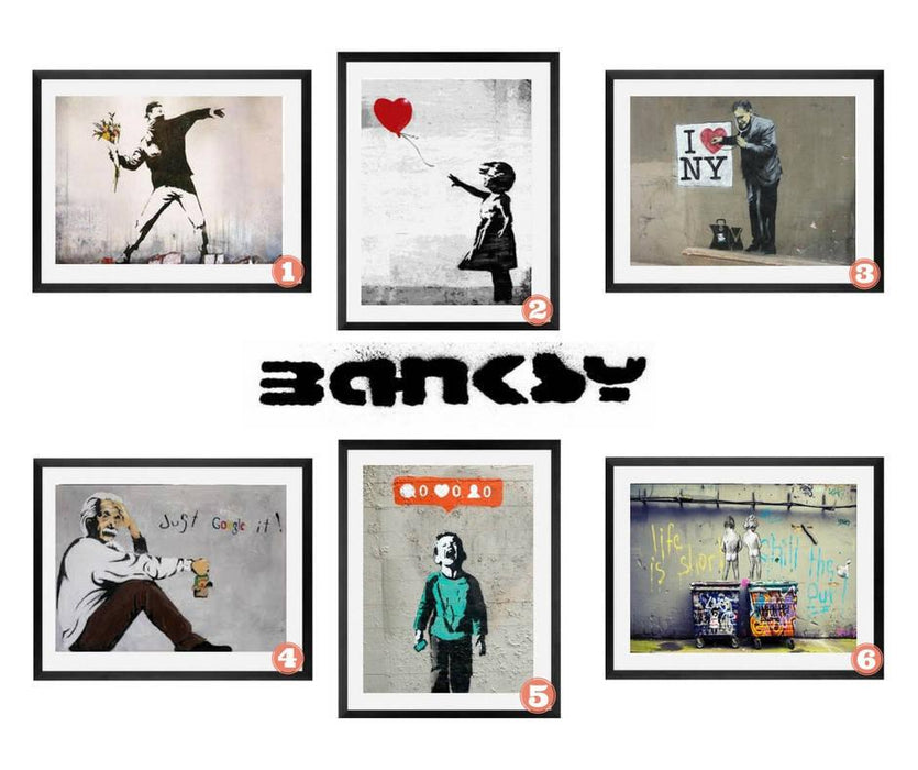 Banksy Street Graffiti Art Set of 6 framed art canvas prints - Modern Memory Design Picture frames - New Jersey Frame shop custom framing