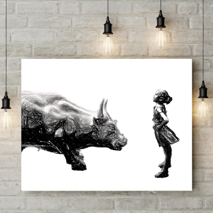 Black and white Wall Street bull and fearless girl statue - Modern Memory Design Picture frames - New Jersey Frame shop custom framing