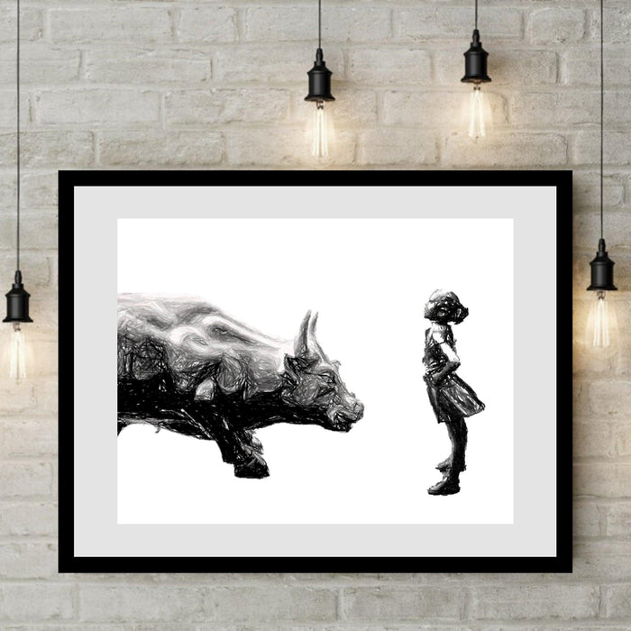 Black and white Wall Street bull and fearless girl statue - Modern Memory Design Picture frames - New Jersey Frame shop custom framing