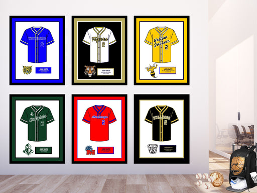 a group of framed baseball jerseys on a wall