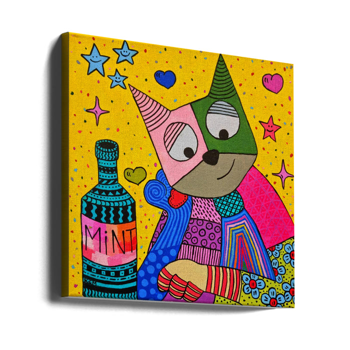 Cat and bottle of mint Square Canvas Art