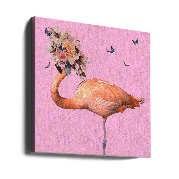 Spring Flower Bonnet On Flamingo Square Canvas Art Print