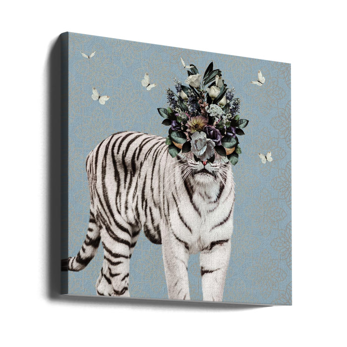 Spring Flower Bonnet On White Tiger Square Canvas Art Print