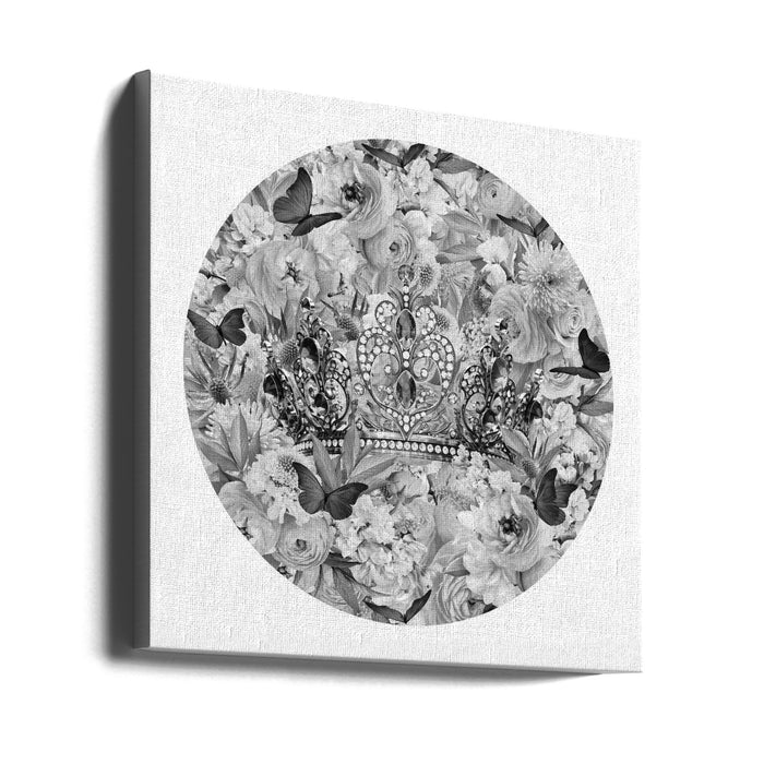 Candy Blooms &amp; Crown Black &amp; White Square Canvas Art