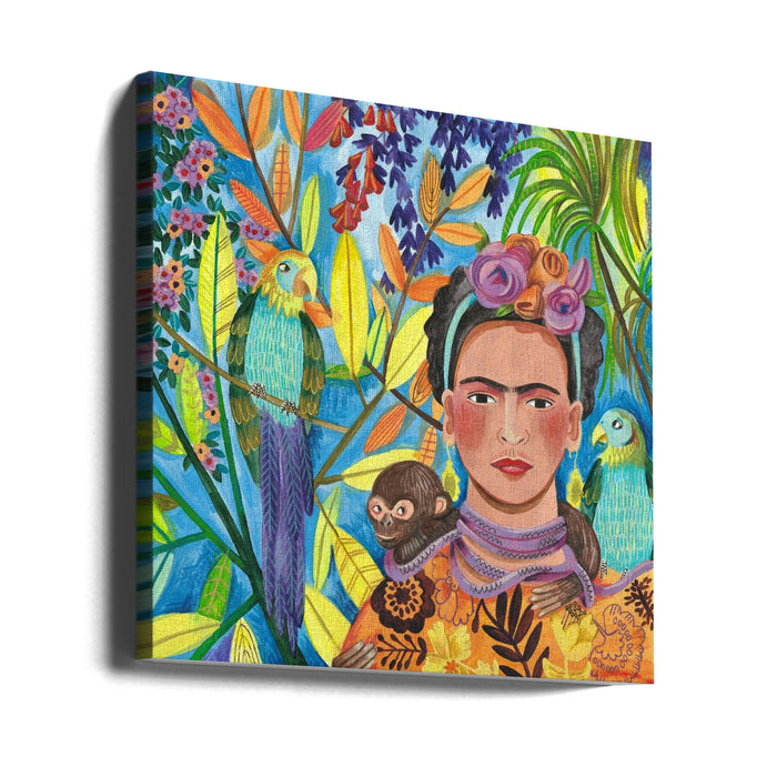 Frida and her parrots Square Canvas Art Print