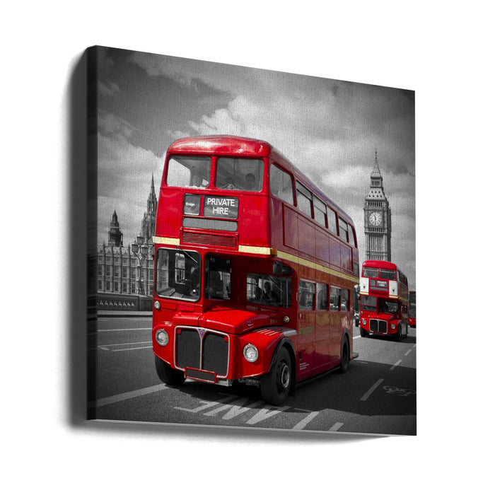 LONDON Red Buses on Westminster Bridge Square Canvas Art Print