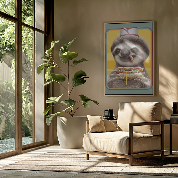 SLOTH SELLING HOTDOGS Framed Art Modern Wall Decor