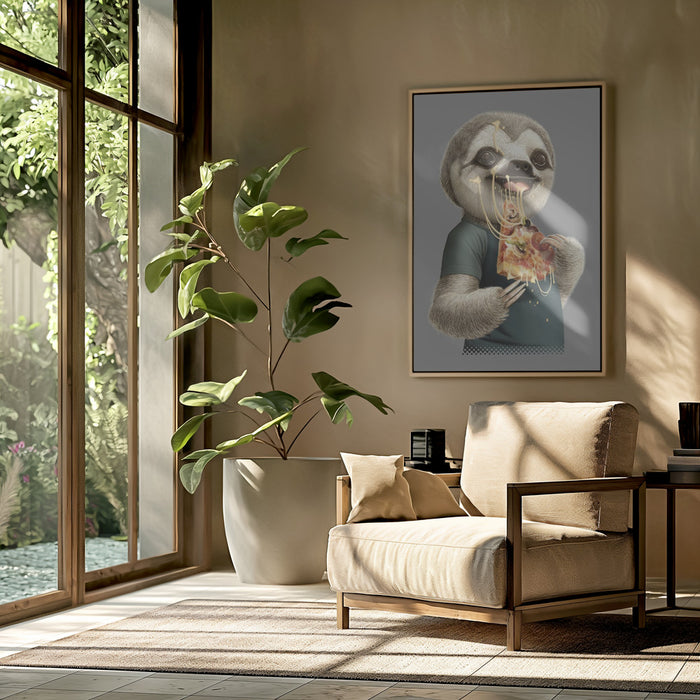 sloth eat pizza Framed Art Modern Wall Decor