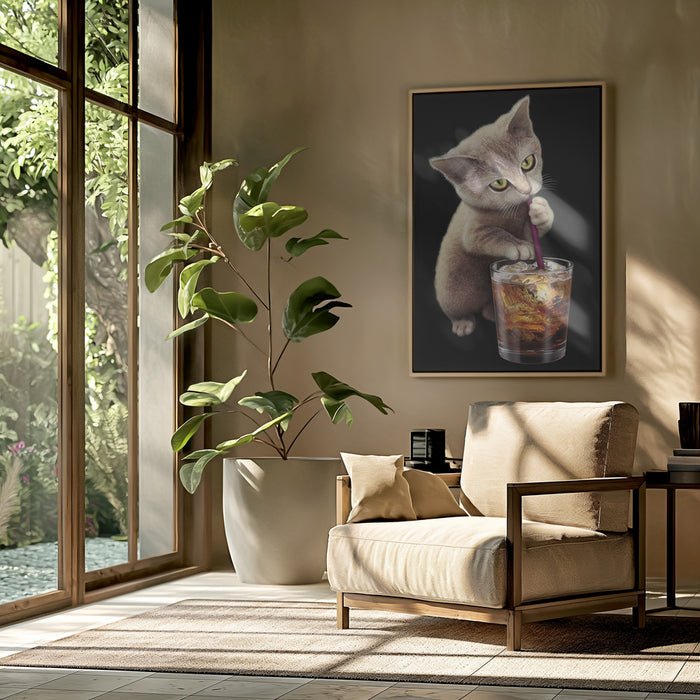 cat and soft drink Framed Art Modern Wall Decor