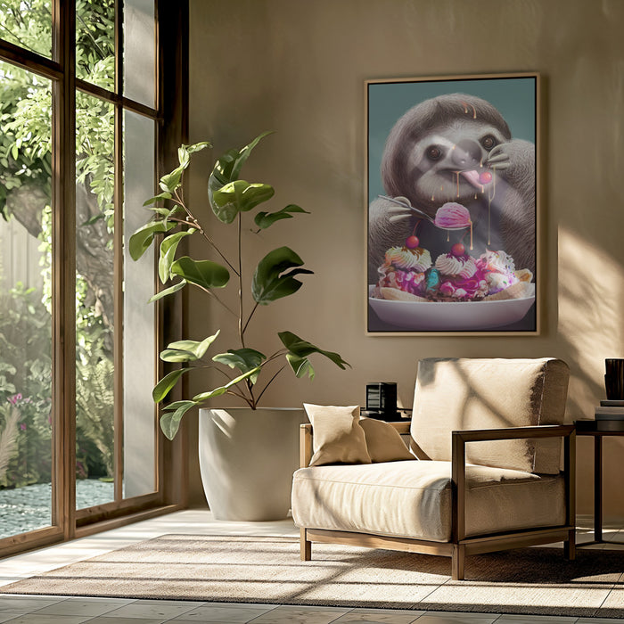 SLOTH ENJOYING ICE CREAM Framed Art Modern Wall Decor