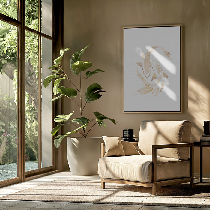 Gold White Japan Koi Fish Framed Art Modern Wall Decor