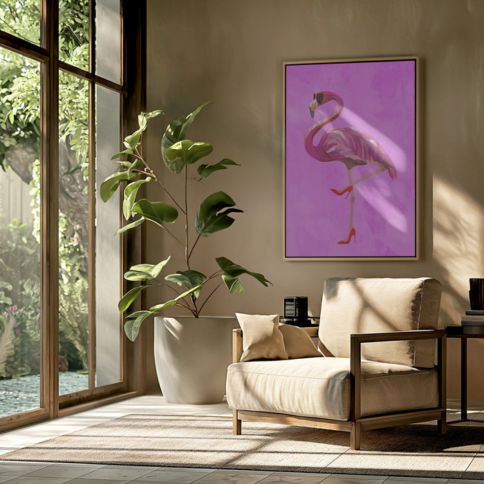 Flamingo in heels and heart glasses pink Framed Art Modern Wall Decor