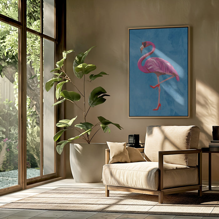 Flamingo in heels and heart glasses blue Framed Art Modern Wall Decor