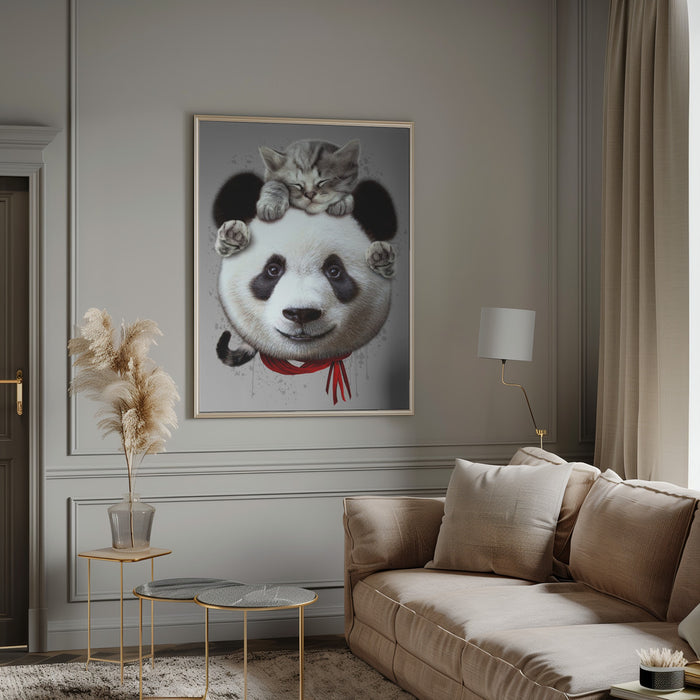 cat on panda bear Framed Art Modern Wall Decor