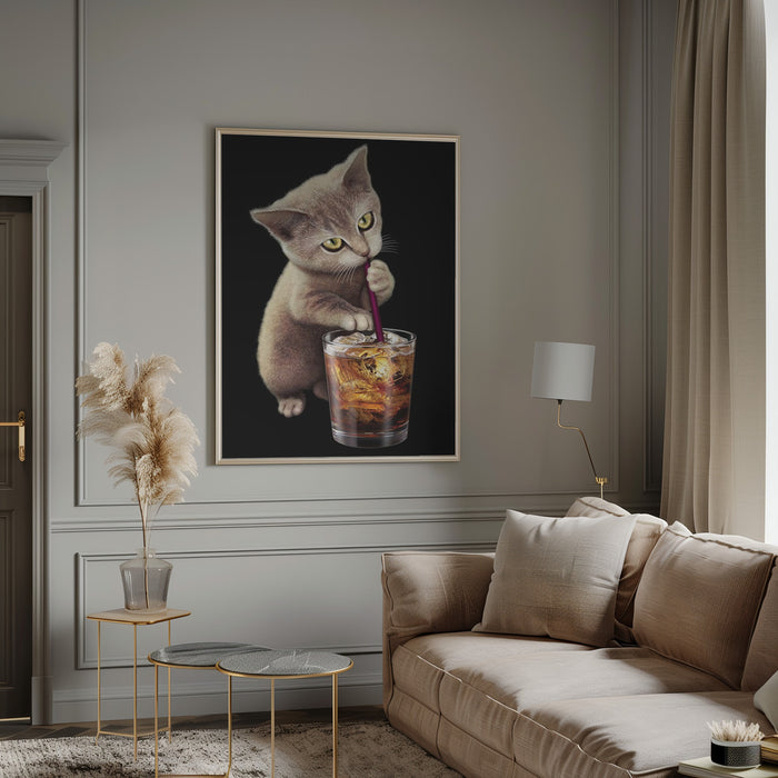 cat and soft drink Framed Art Modern Wall Decor