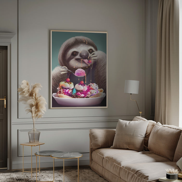 SLOTH ENJOYING ICE CREAM Framed Art Modern Wall Decor