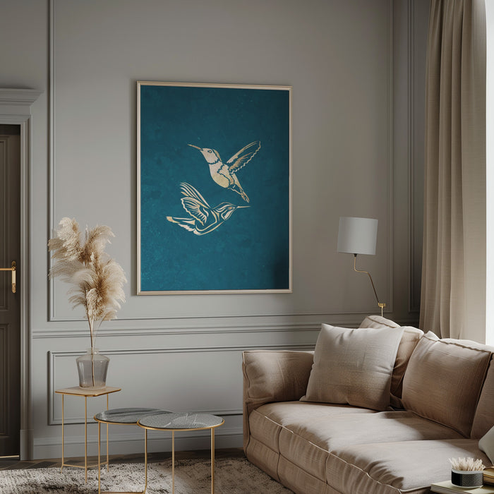 Gold Hummingbird Line art Silhouettes 1 Framed Art Modern Wall Decor