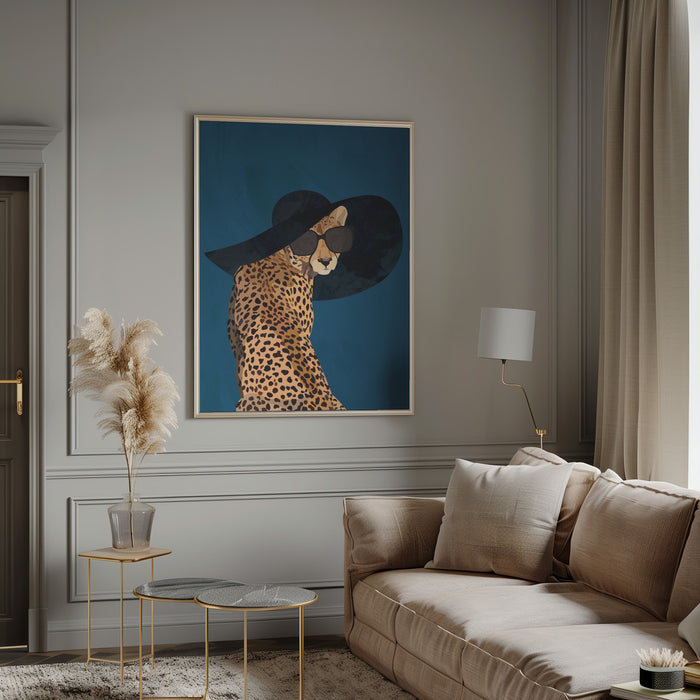 Fashionable Cheetah wearing a sunhat Framed Art Wall Decor