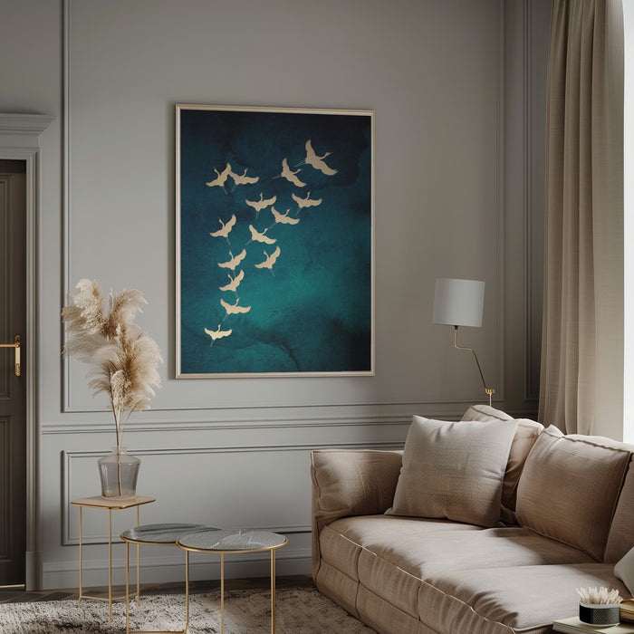 Teal Flying Cranes Framed Art Wall Decor