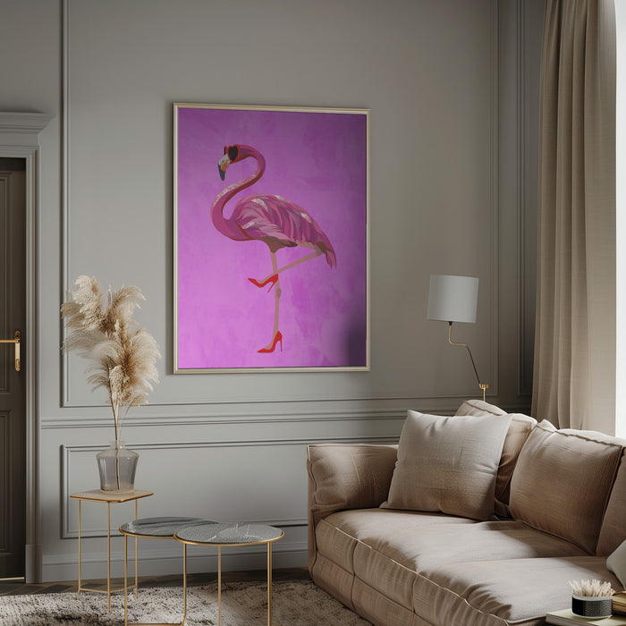 Flamingo in heels and heart glasses pink Framed Art Modern Wall Decor