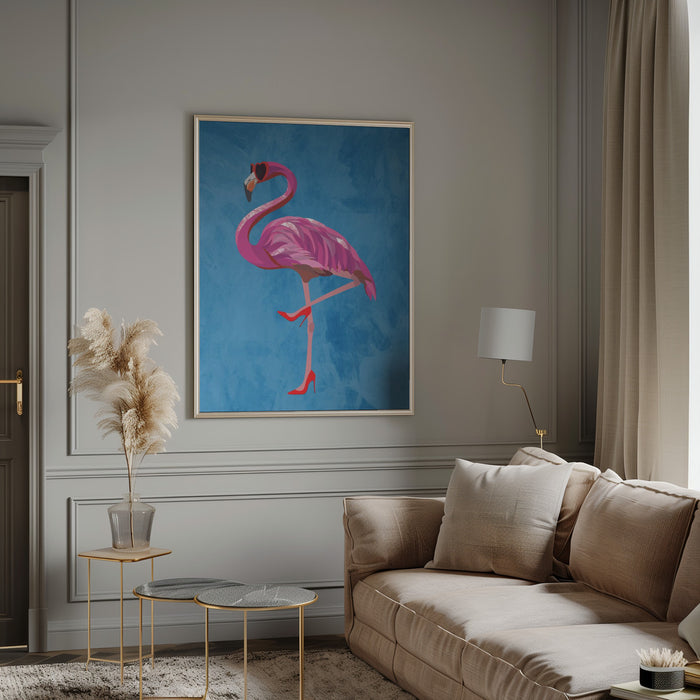 Flamingo in heels and heart glasses blue Framed Art Modern Wall Decor