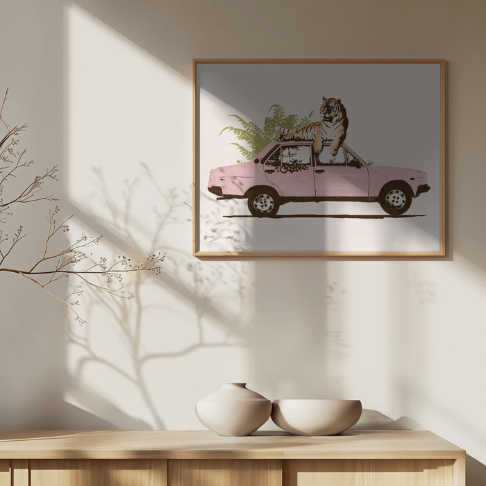 Tiger On Car Landscape Framed Art