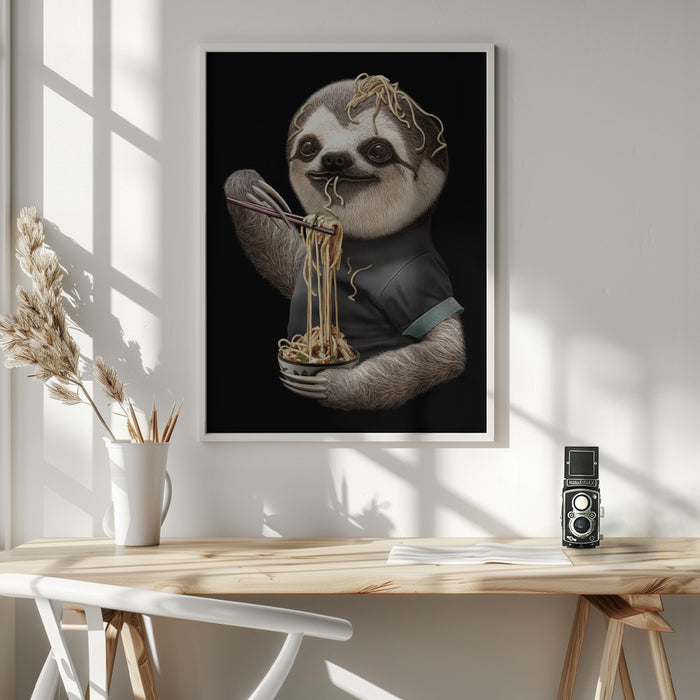 SLOTH EATING NOODLE Framed Art Modern Wall Decor