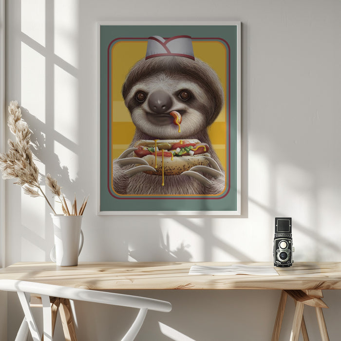 SLOTH SELLING HOTDOGS Framed Art Modern Wall Decor