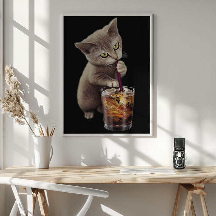 cat and soft drink Framed Art Wall Decor