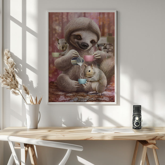 SLOTH THE BARISTA Framed Art Modern Wall Decor