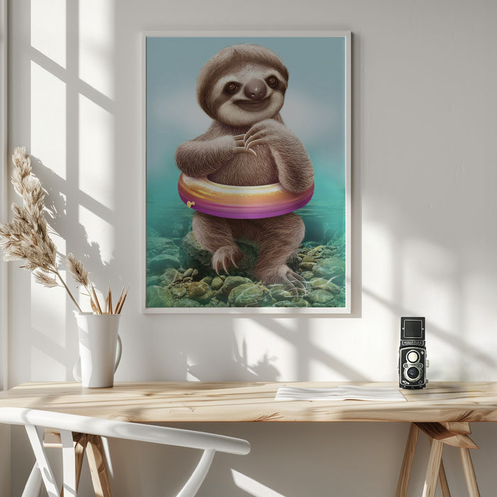 YOUNG SLOTH WITH BUOY Framed Art Modern Wall Decor