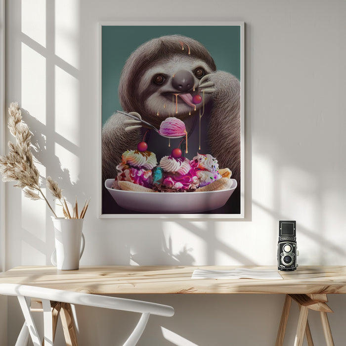 SLOTH ENJOYING ICE CREAM Framed Art Modern Wall Decor