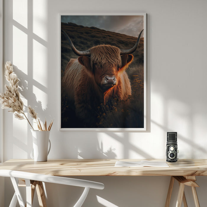 Highland Cow With Big Horns Framed Art Modern Wall Decor