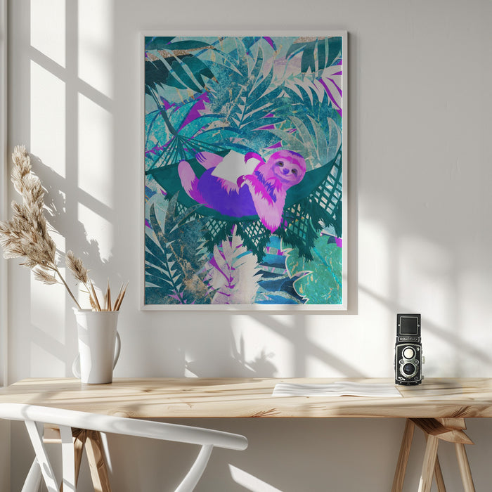 Pink and Green Neon Sloth in Hammock Framed Art Modern Wall Decor