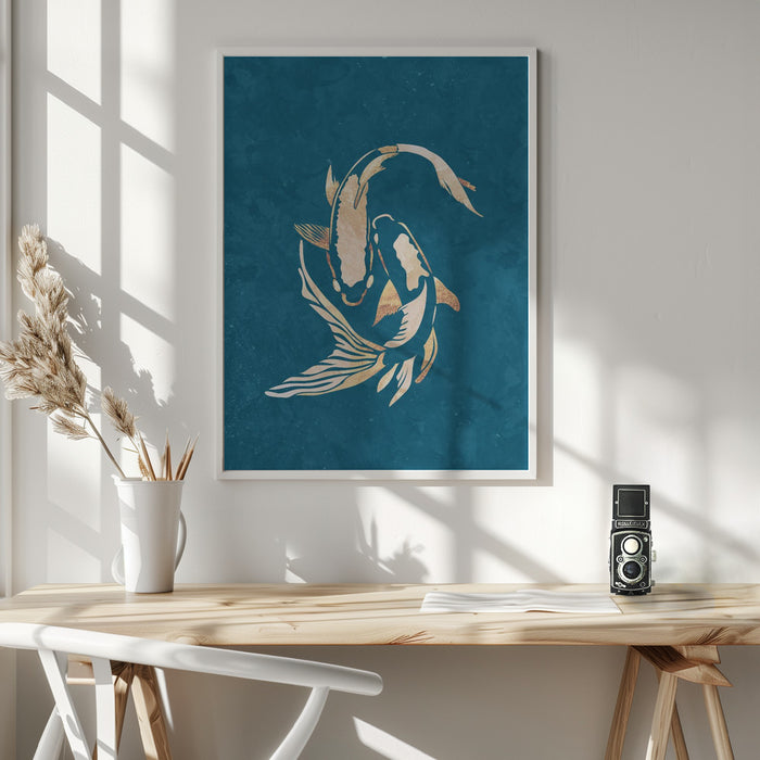 Gold Blue Koi Fish Framed Art Modern Wall Decor