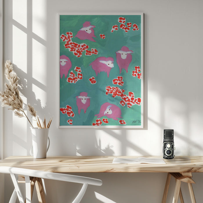 Pink Sheep On A Green Meadow Framed Art Modern Wall Decor