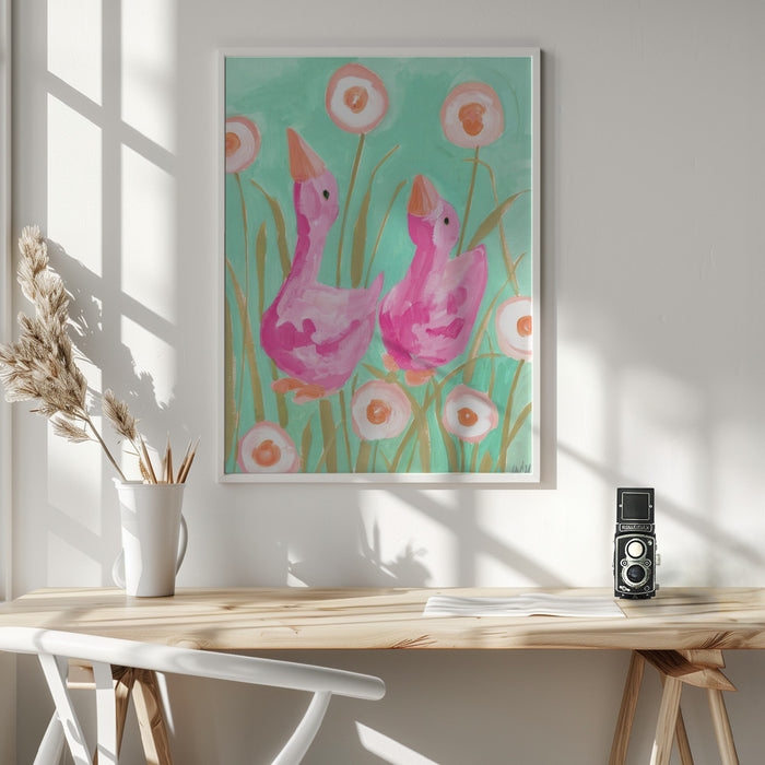 Pink Gees In The Garden Framed Art Wall Decor