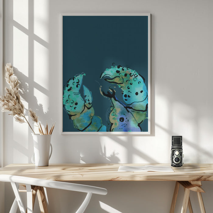 Azure Lobster On Dark Blue Framed Art Modern Wall Decor