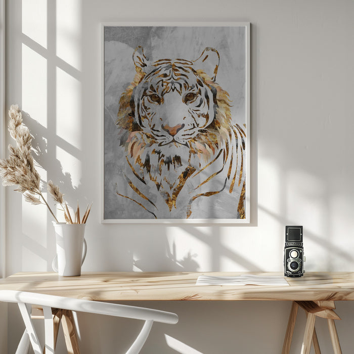 Golden Tiger and Concrete Framed Art Modern Wall Decor