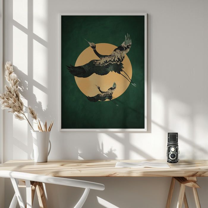 Emerald Sun &amp; Cranes Framed Art Wall Decor