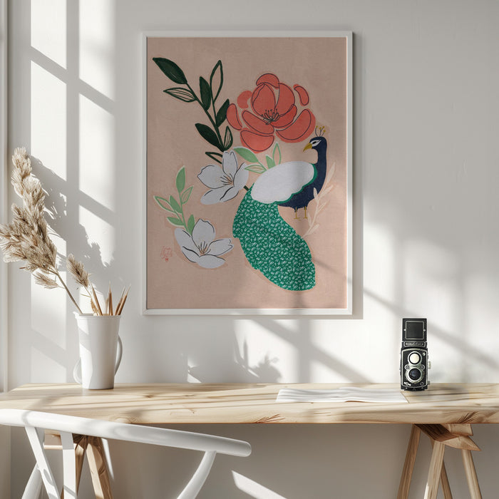 Peacock and Florals Erum Khalili Framed Art Modern Wall Decor