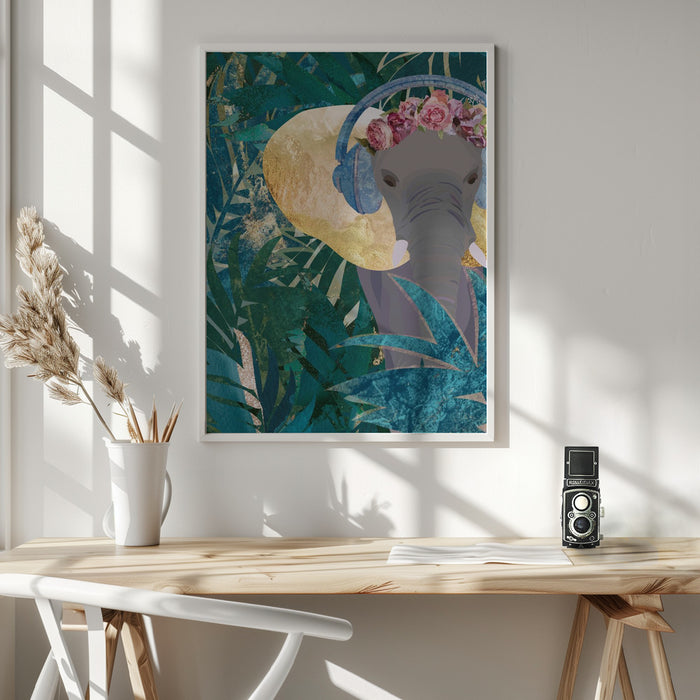 Elephant listening to music Framed Art Modern Wall Decor